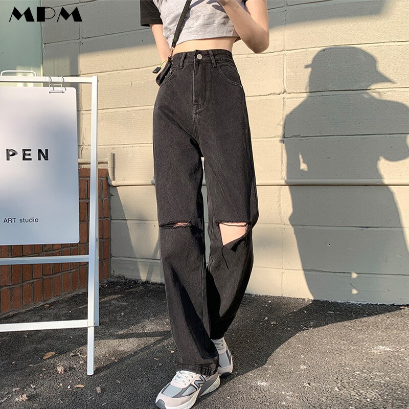 Street Women&s Ripped Black Jeans Fashion High Waist Solid Wide Leg Straight Pants Loose Casual Women Trousers 2022 